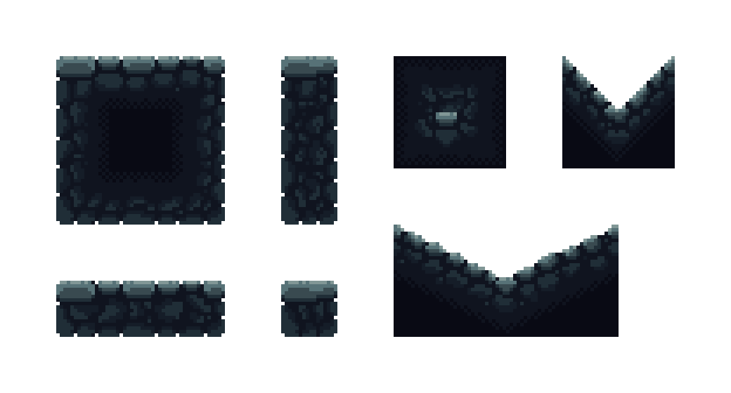 Tileset Practice, 2025 | A simple 2D platformer tileset I created as a way to practice my pixel art skills, depicting a sort of cobblestone floor, including slanted tiles for ramps or hills. Created to be used in as a tileset in any game engine that can cr