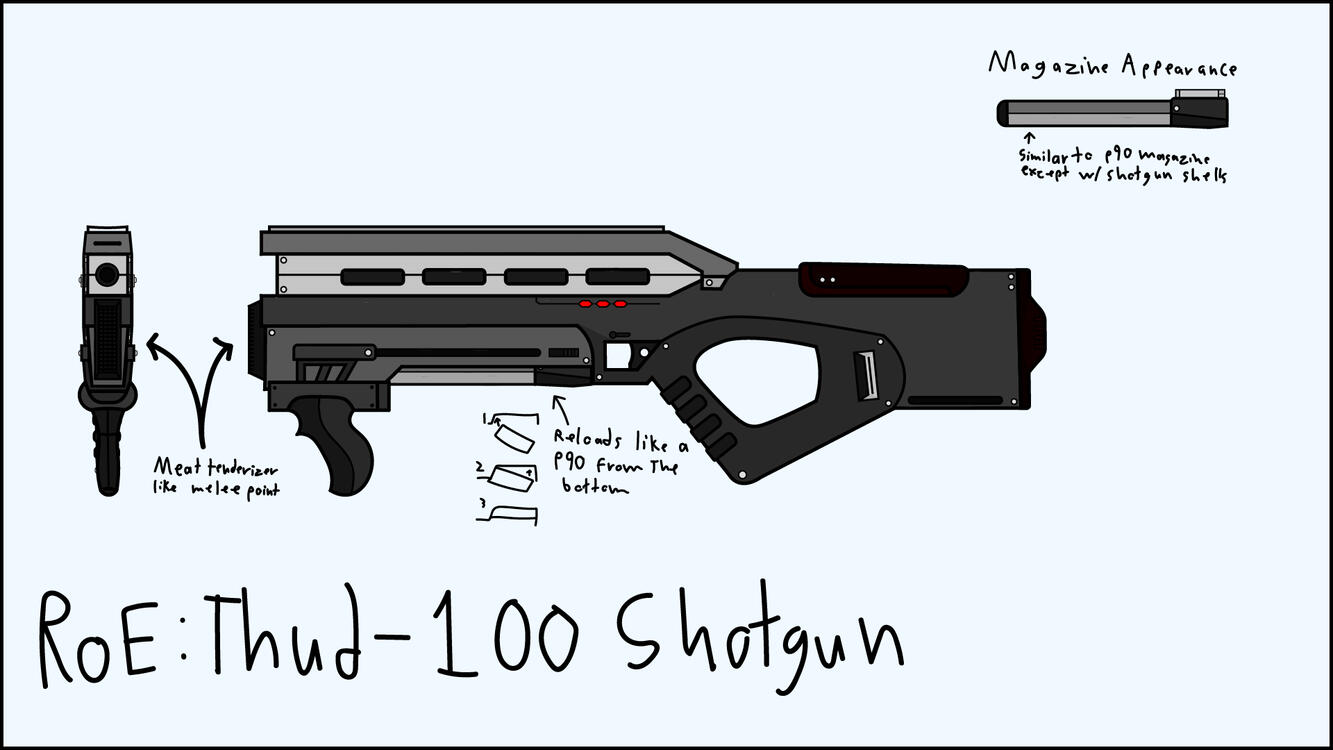 Shotgun Concept Art, 2023 | Design concept for a shotgun weapon from a game project currently on indefinite hiatus. The design was created based off of an initial sketch by project's producer and then further developed by myself in Adobe Illustustrator.