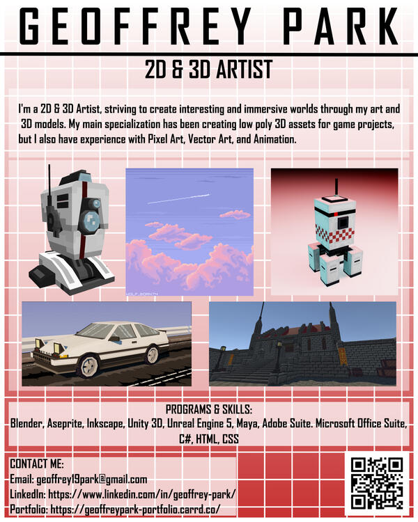 Personal Poster Design, 2025 | A poster I designed for use at the Senior Showcase for the GIMM program, a place to show off our work during our final semester. This poster is designed to showoff examples of my work, my skills & my career aspirations.