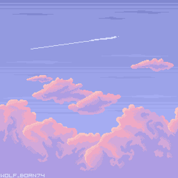 Sunset Sky, 2024 | Pixel art piece created in Aseprite to practice creating and shading clouds.