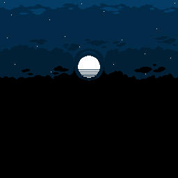 Bot Bash Skybox, 2025 | Part of a handmade skybox created in Aseprite for use in Unity for a game project, the skybox showcases a moonlit night sky with stars.